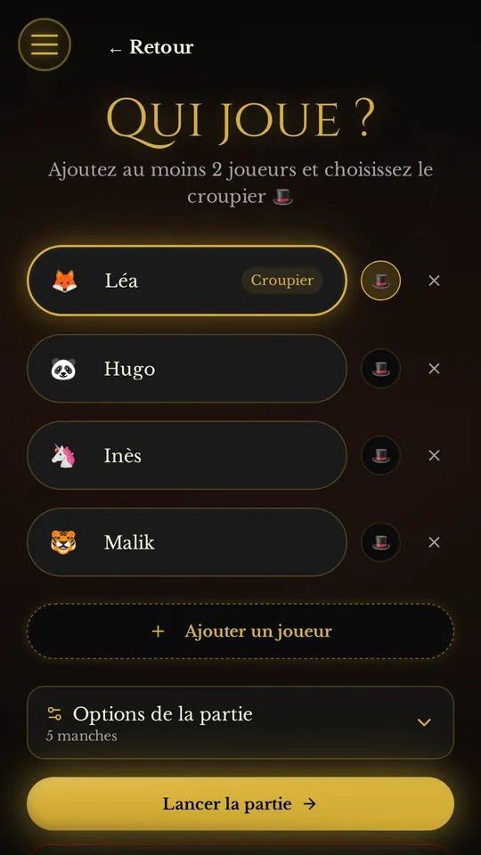 “Who's playing?” screen: four players with their emoji, Léa picked as the dealer, and the game options.