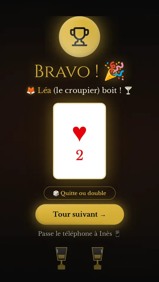 Result screen: “Bravo!”, Léa, the dealer, drinks; the card drawn is the 2 of hearts, with the Double or nothing button.